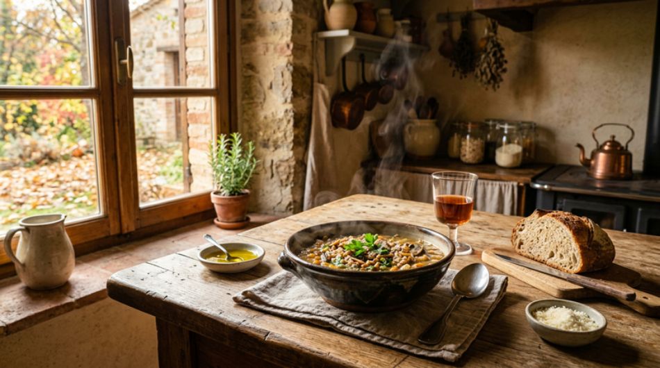 Farro-, Linsen- und getrocknete Pilzsuppe